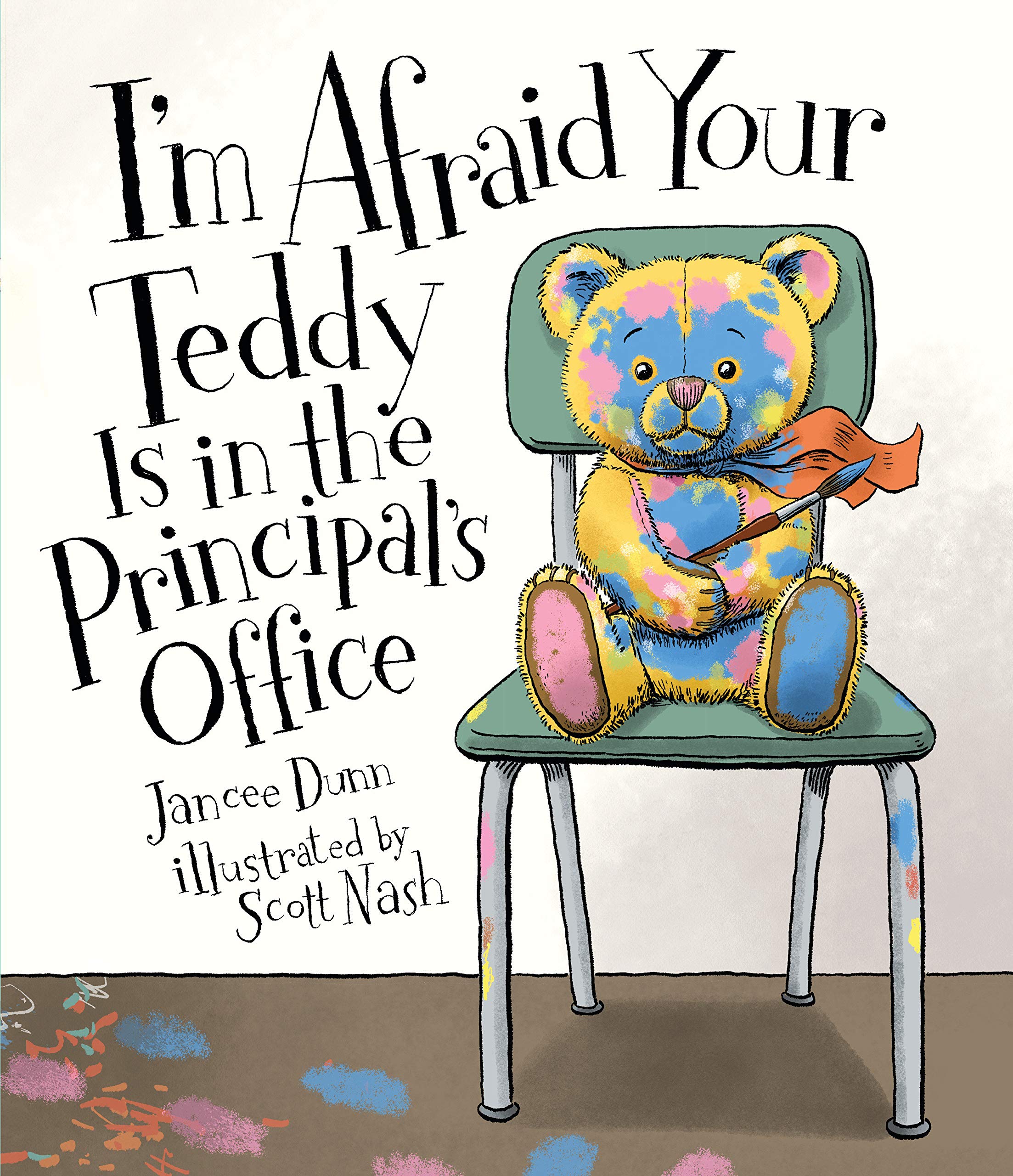 Illustration of a teddy bear covered in pink and blue paint sitting in a chair