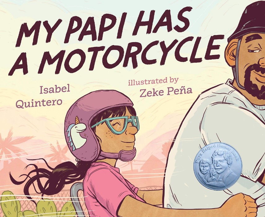 Illustration of a girl wearing a helmet sitting behind her father on a motorcycle