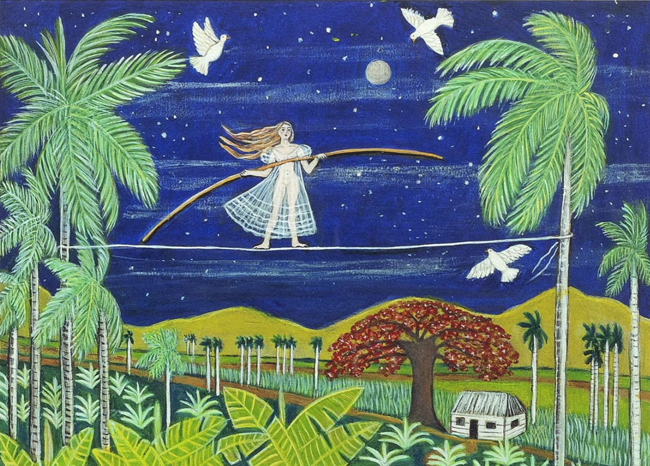Painting of woman balancing on tightrope at nighttime