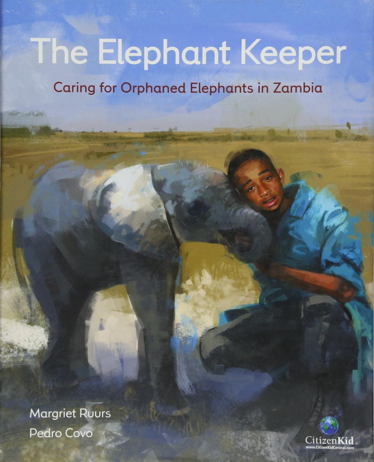 Illustration of a boy hugging a baby elephant