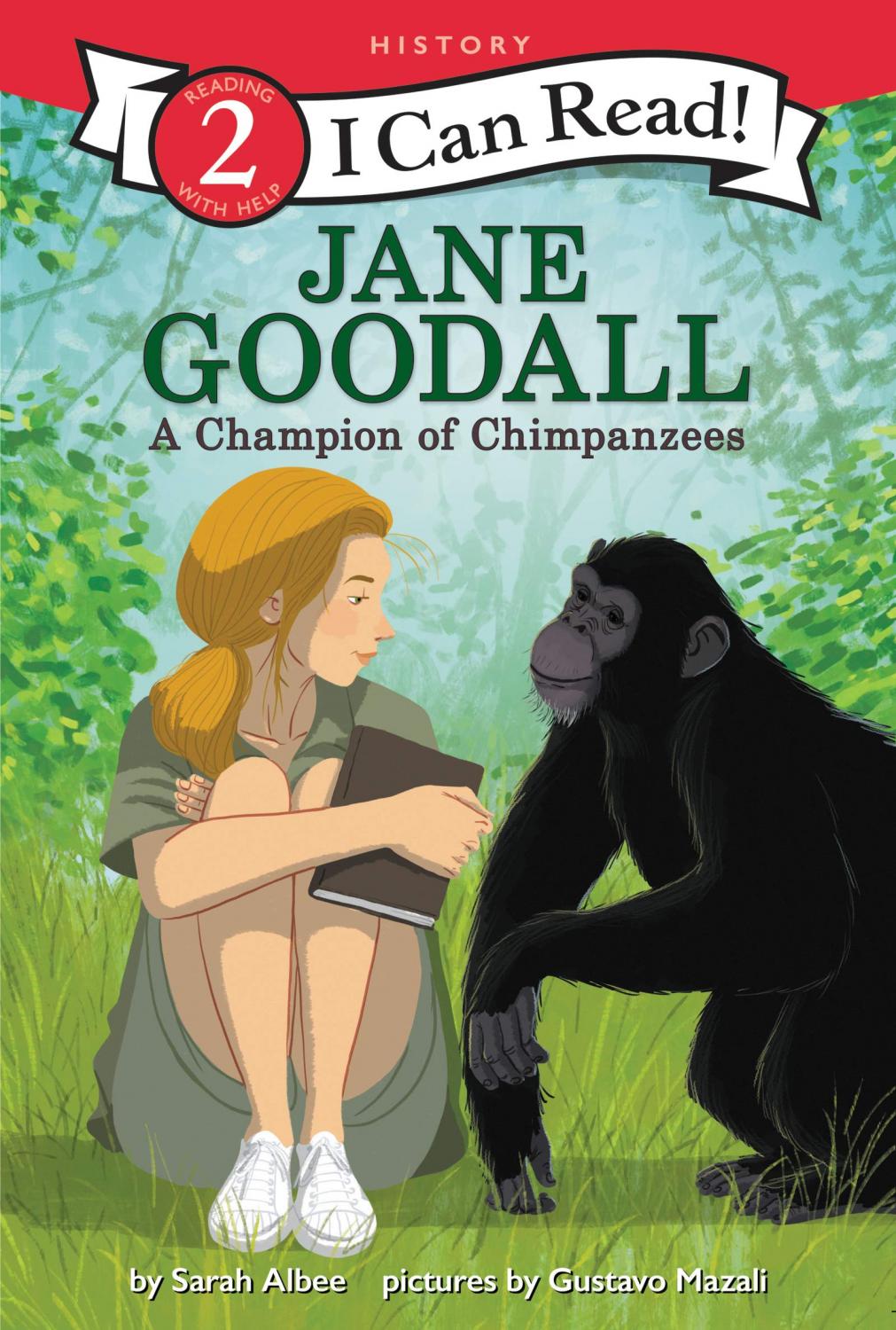 Illustration of a young woman sitting with a chimpanzee
