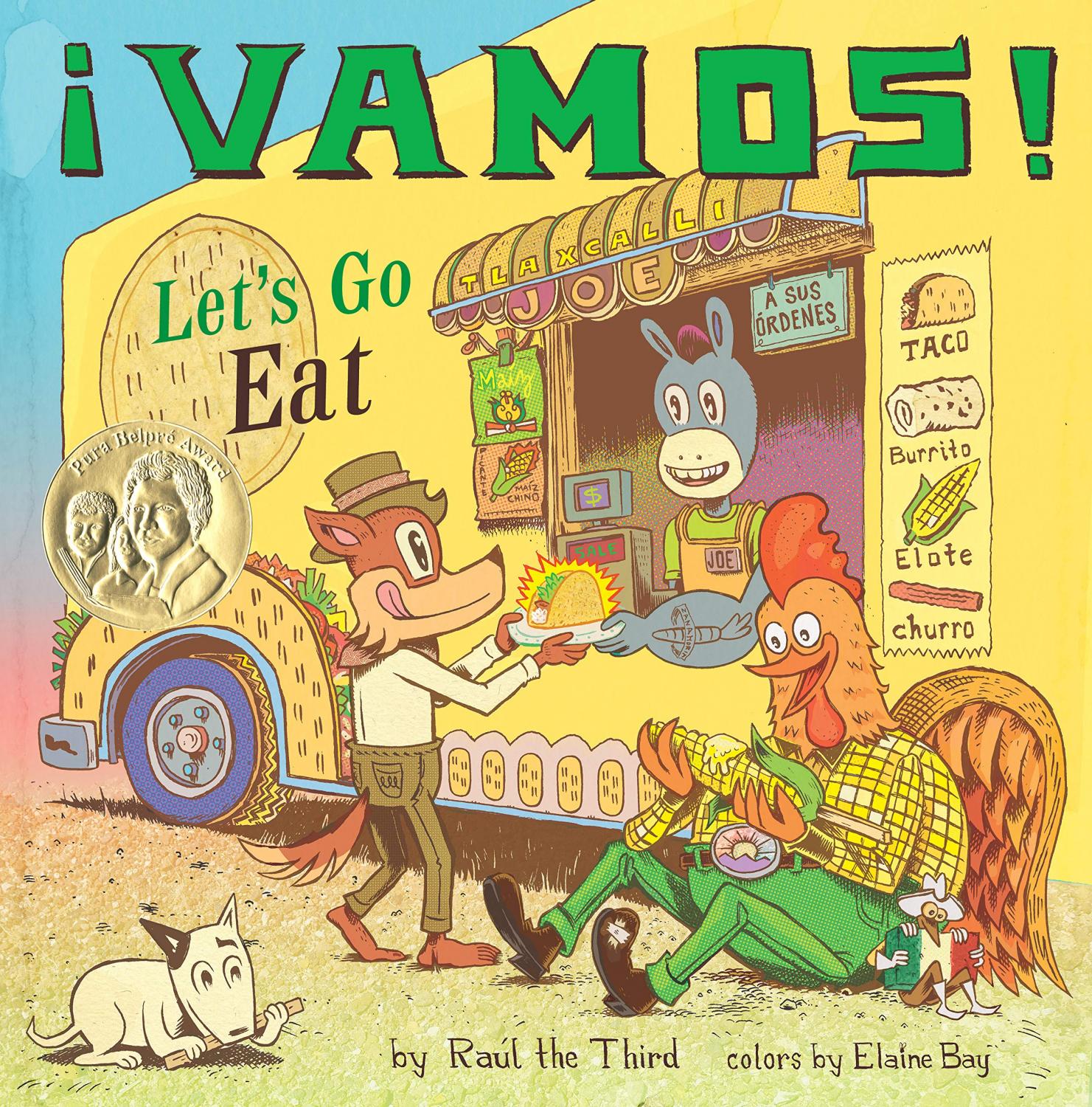Illustration of cartoon animals eating outside a food truck