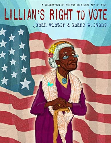 Illustration of elderly African American woman standing in front of an American flag