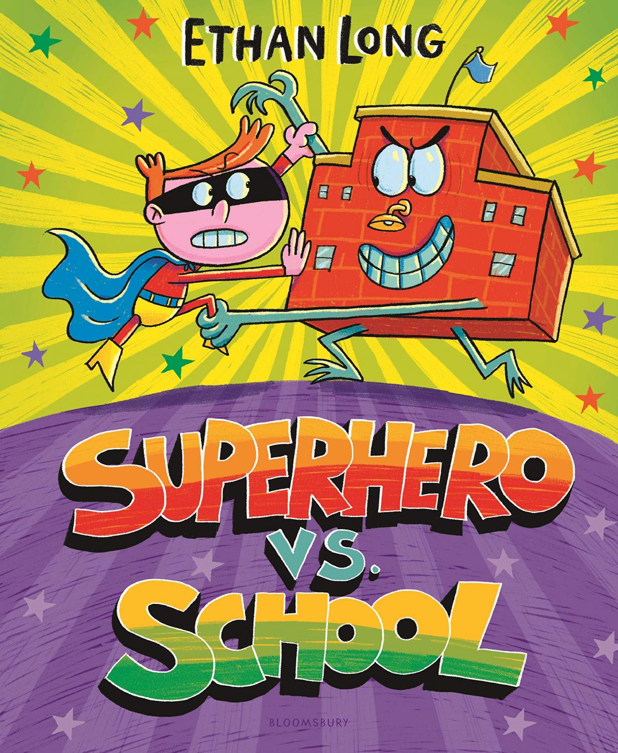 Illustration of a boy dressed as a superhero fighting a cartoon school building with a sinister smile